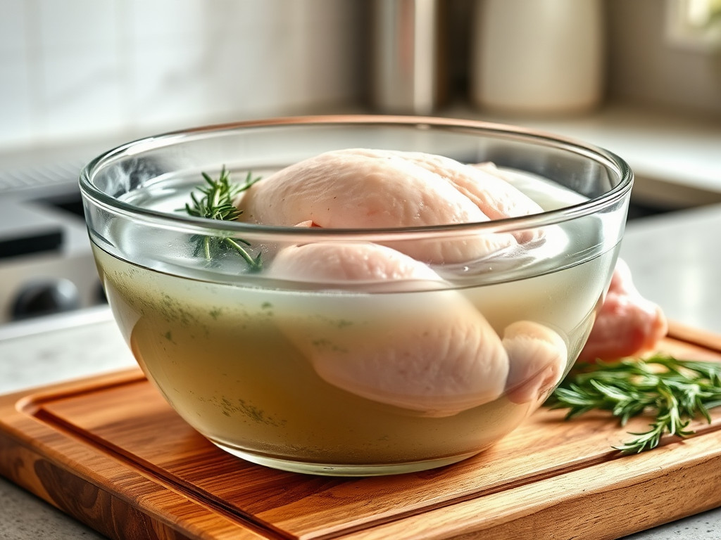 Create a realistic image of a glass bowl filled with a clear brine solution, with fresh herbs like rosemary and thyme floating on top, next to a raw whole chicken on a wooden cutting board, all set on a kitchen countertop with soft, natural lighting highlighting the scene.